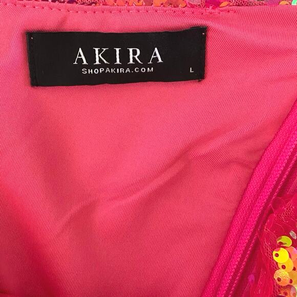 NEW Akira Maximum Sequin One Shoulder Mini Dress Sz L Iridescent Hot Pink Party - Picture 10 of 13